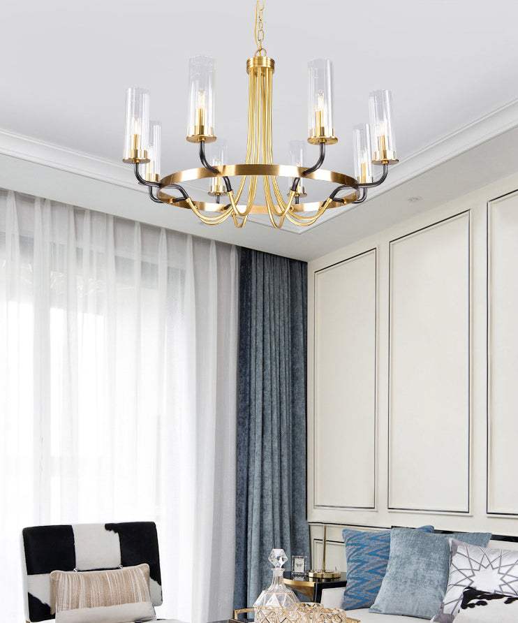 Post-Modern Metal Hanging Chandelier Light Cylinder Clear Glass Shade Ceiling Chandelier in Gold for Living Room