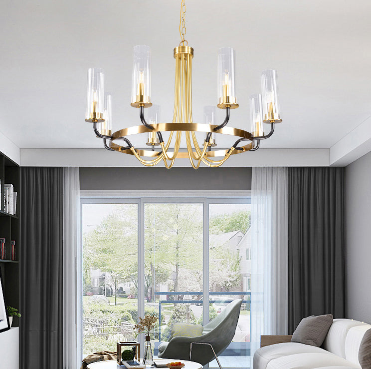 Post-Modern Metal Hanging Chandelier Light Cylinder Clear Glass Shade Ceiling Chandelier in Gold for Living Room