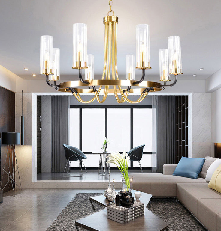 Post-Modern Metal Hanging Chandelier Light Cylinder Clear Glass Shade Ceiling Chandelier in Gold for Living Room