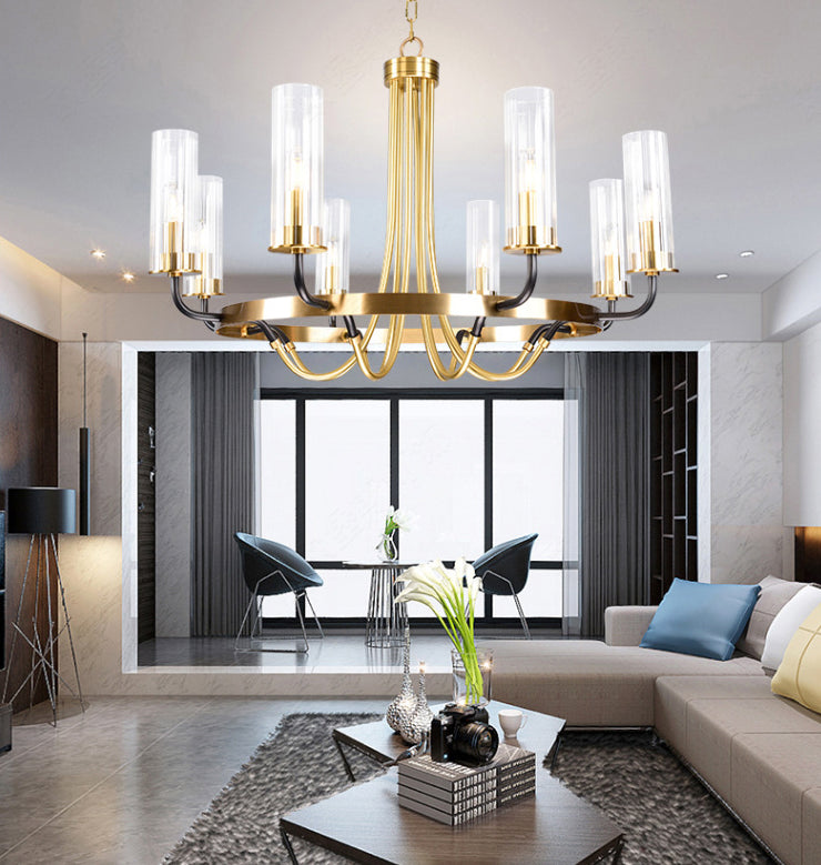 Post-Modern Metal Hanging Chandelier Light Clear Glass Shade Ceiling Chandelier in Gold for Living Room