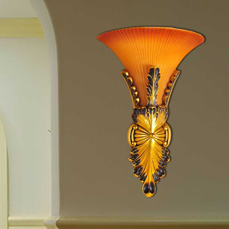 Yellow Glass Bell Wall Mount Lamp Traditional Style 1 Light Corridor Sconce Lighting in Bronze/Gold