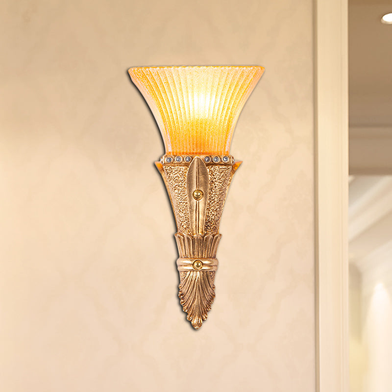 Traditional Flared Wall Mount Light 1 Light Orange Glass and Resin Wall Sconce in Gold for Corridor