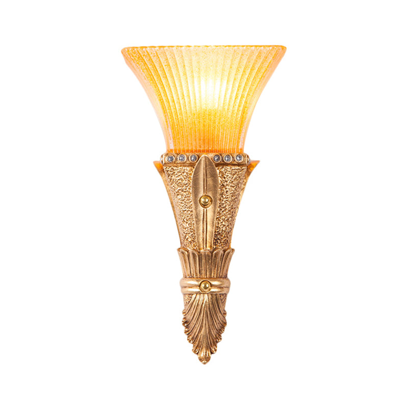 Traditional Flared Wall Mount Light 1 Light Orange Glass and Resin Wall Sconce in Gold for Corridor