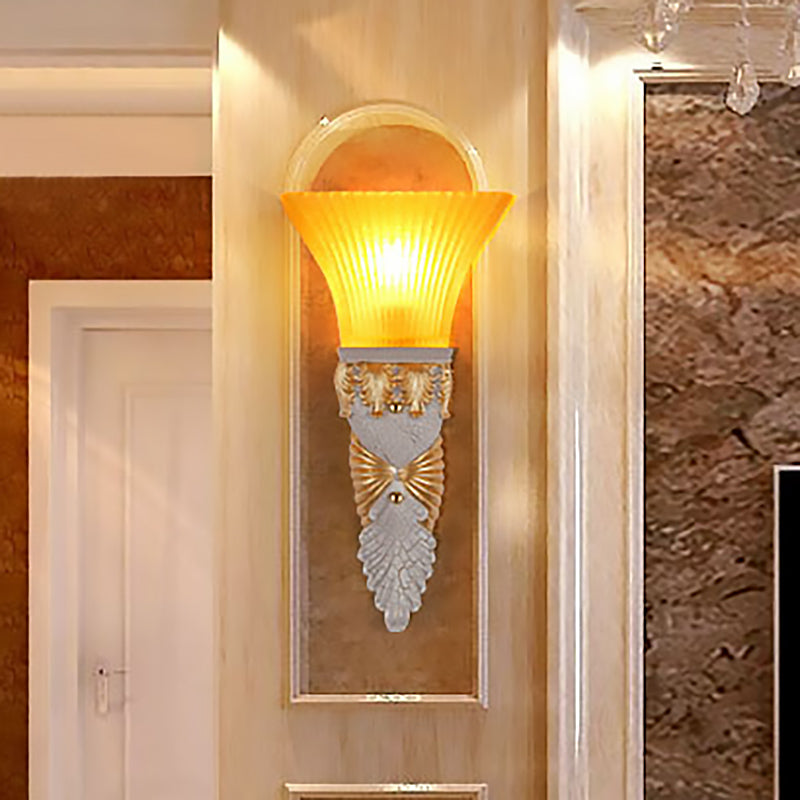 Flared Yellow Glass Wall Sconce Light Retro Style 1 Head Living Room Wall Mounted Lamp with Gold/Silver/White and Gold Backplate