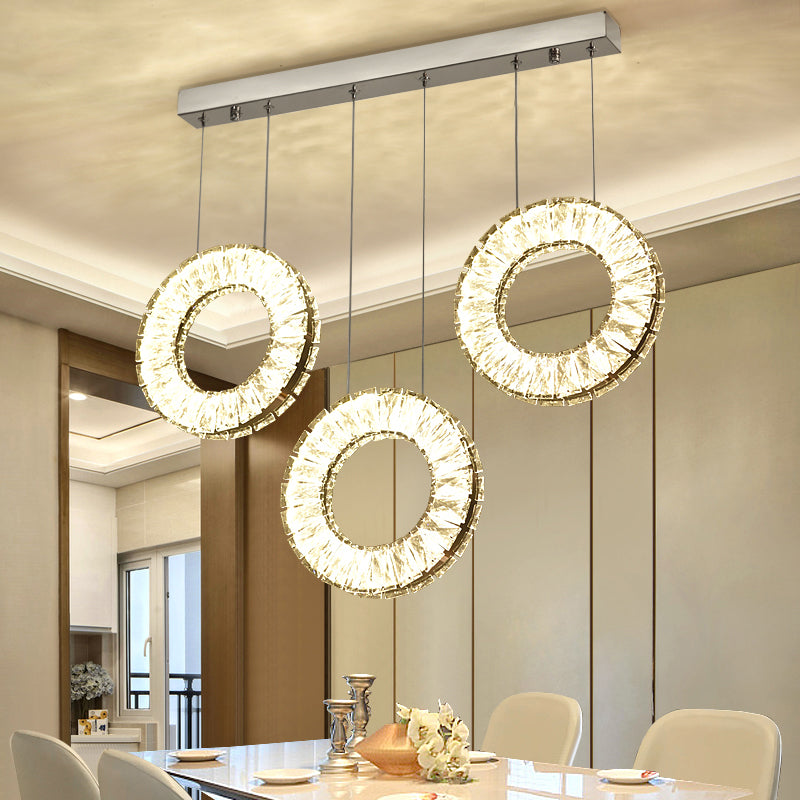 Cluster rond contemporain pendentif clair cristal 3 bulbes d'éclairage en suspension dans le nickel