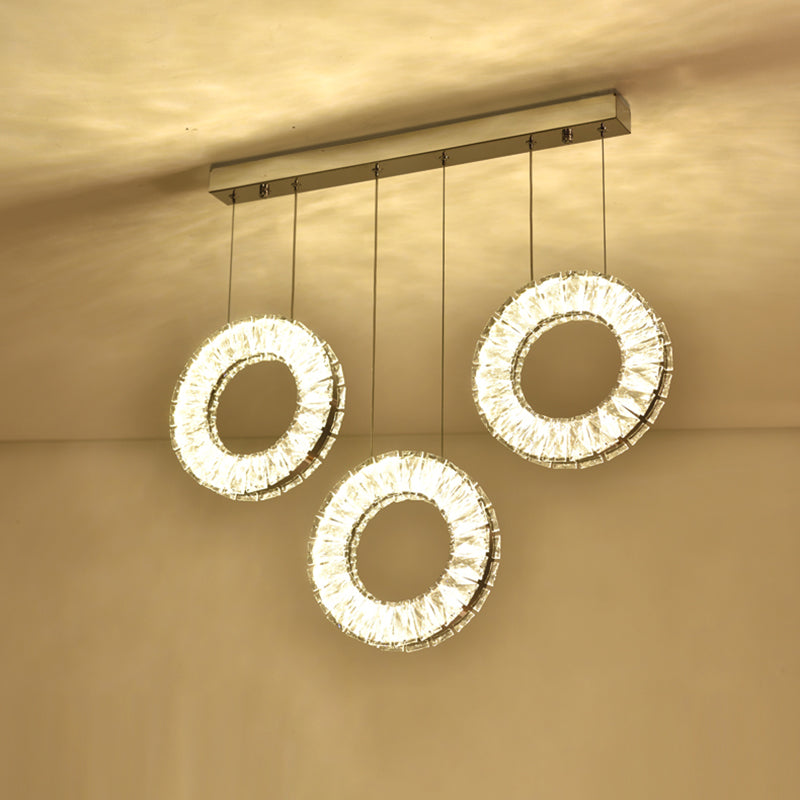 Cluster rond contemporain pendentif clair cristal 3 bulbes d'éclairage en suspension dans le nickel
