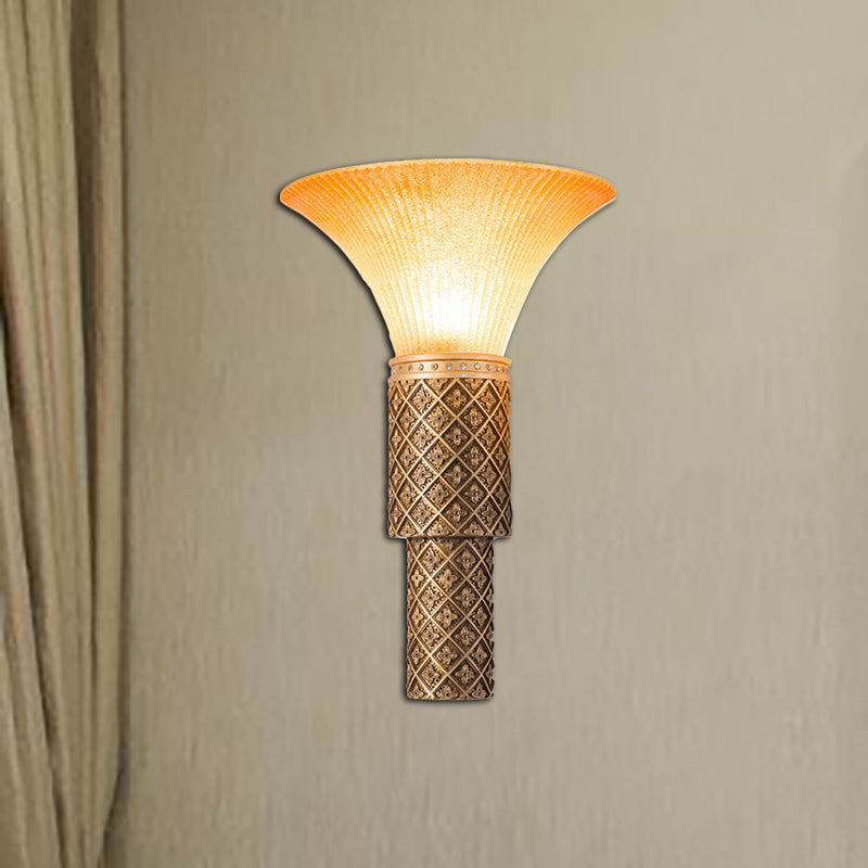 1 Light Wall Light Sconce with Bell Shade Yellow Glass and Resin Lodge Style Living Room Wall Lamp in Gold