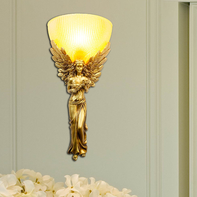 Gold/Silver/White Angel Sconce Lighting Country Style Resin 1 Bulb Foyer Wall Mount Light with Yellow Glass Bowl Shade