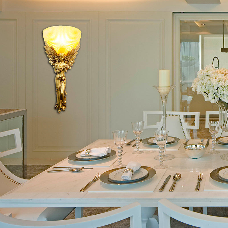 Gold/Silver/White Angel Sconce Lighting Country Style Resin 1 Bulb Foyer Wall Mount Light with Yellow Glass Bowl Shade