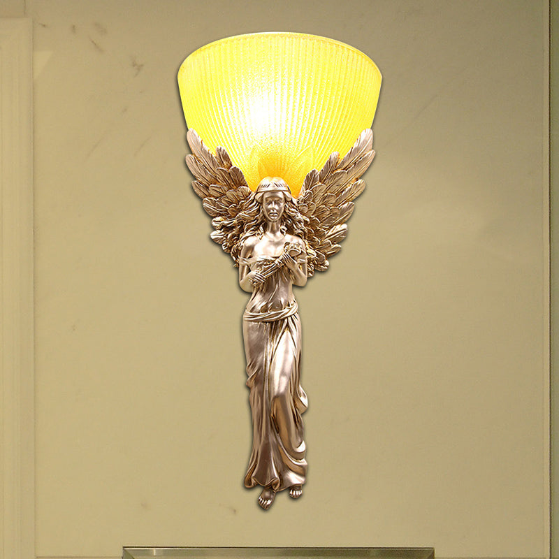 Gold/Silver/White Angel Sconce Lighting Country Style Resin 1 Bulb Foyer Wall Mount Light with Yellow Glass Bowl Shade