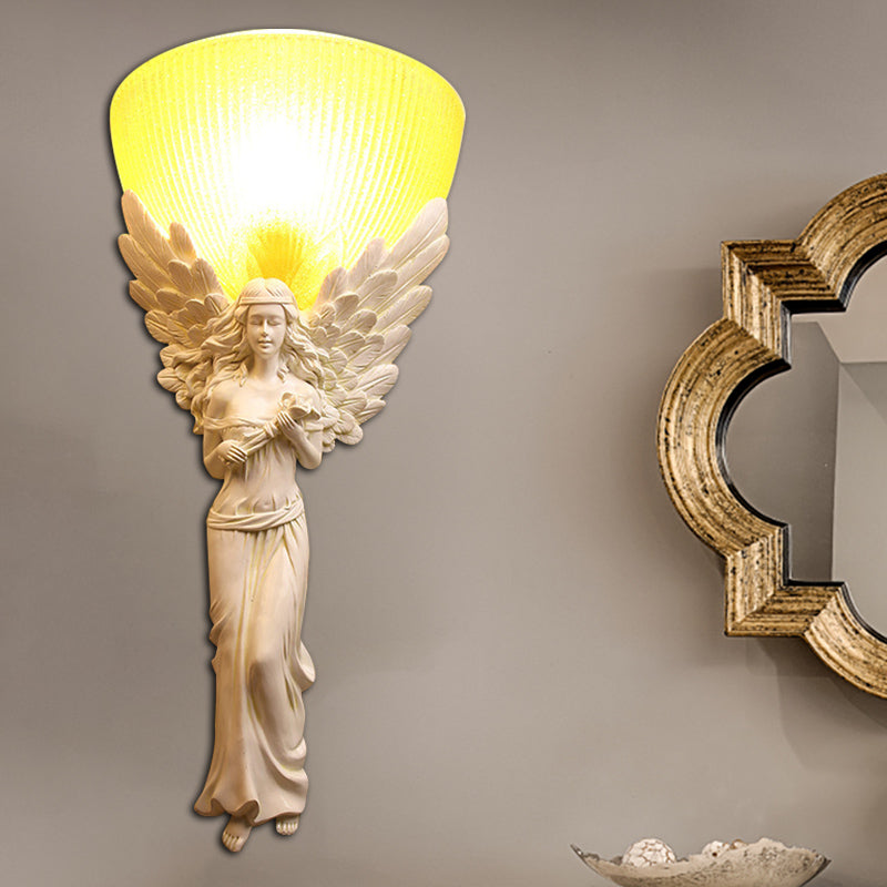 Gold/Silver/White Angel Sconce Lighting Country Style Resin 1 Bulb Foyer Wall Mount Light with Yellow Glass Bowl Shade