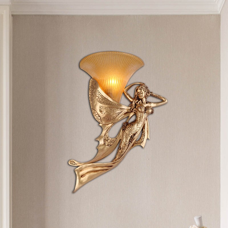 Golden Mermaid Wall Mounted Lamp Vintage Style Resin 1 Bulb Bedside Wall Sconce with Bell Amber Glass Shade, Left/Right