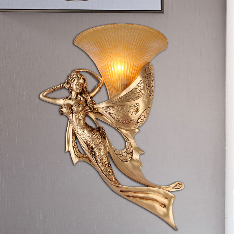 Golden Mermaid Wall Mounted Lamp Vintage Style Resin 1 Bulb Bedside Wall Sconce with Bell Amber Glass Shade, Left/Right