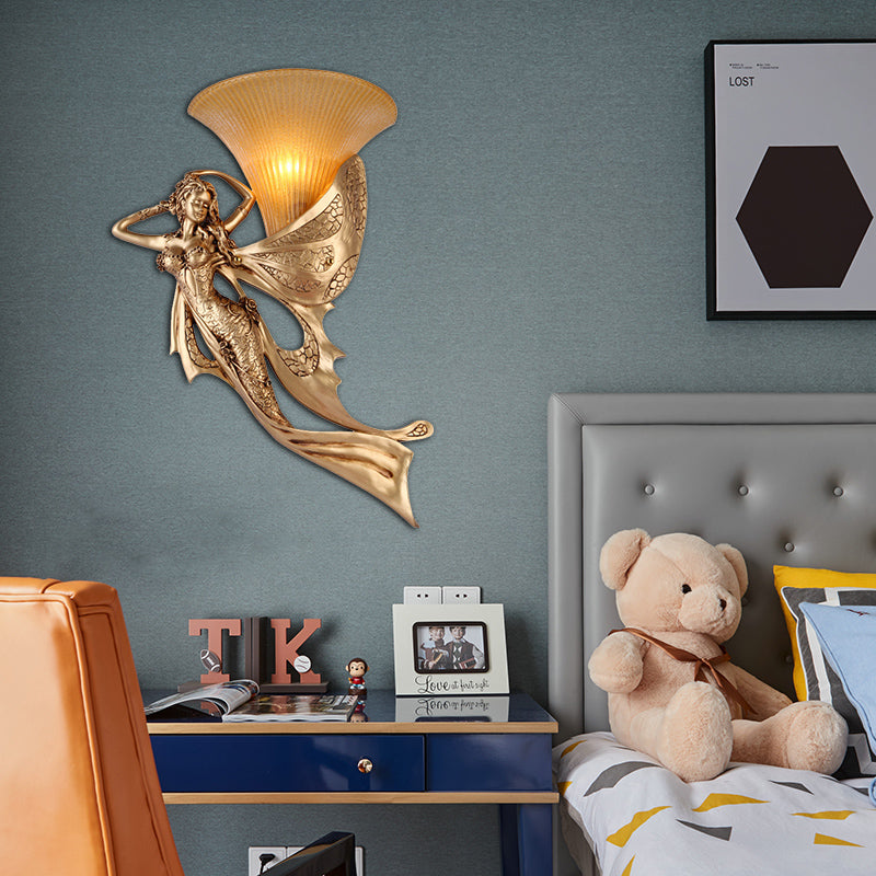 Golden Mermaid Wall Mounted Lamp Vintage Style Resin 1 Bulb Bedside Wall Sconce with Bell Amber Glass Shade, Left/Right