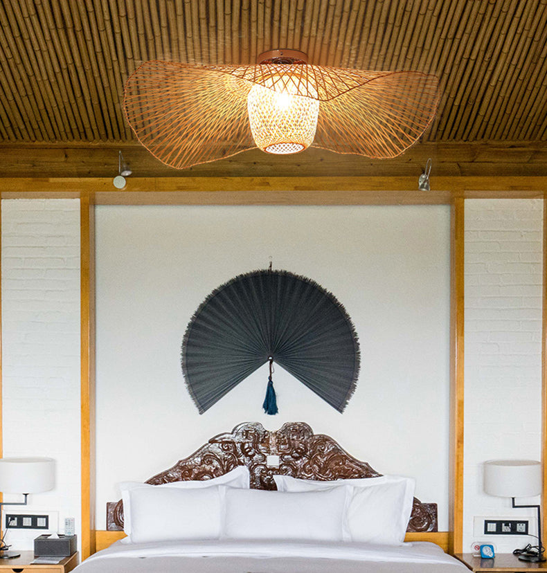 Luminaire de montage au plafond en rotin plafond asiatique affleurant
