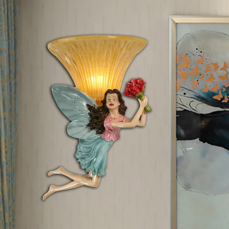 Retro Style Fairy Wall Lighting Fixture 1 Head Resin Blue/Gold Sconce Lamp with Amber Glass Bell Shade