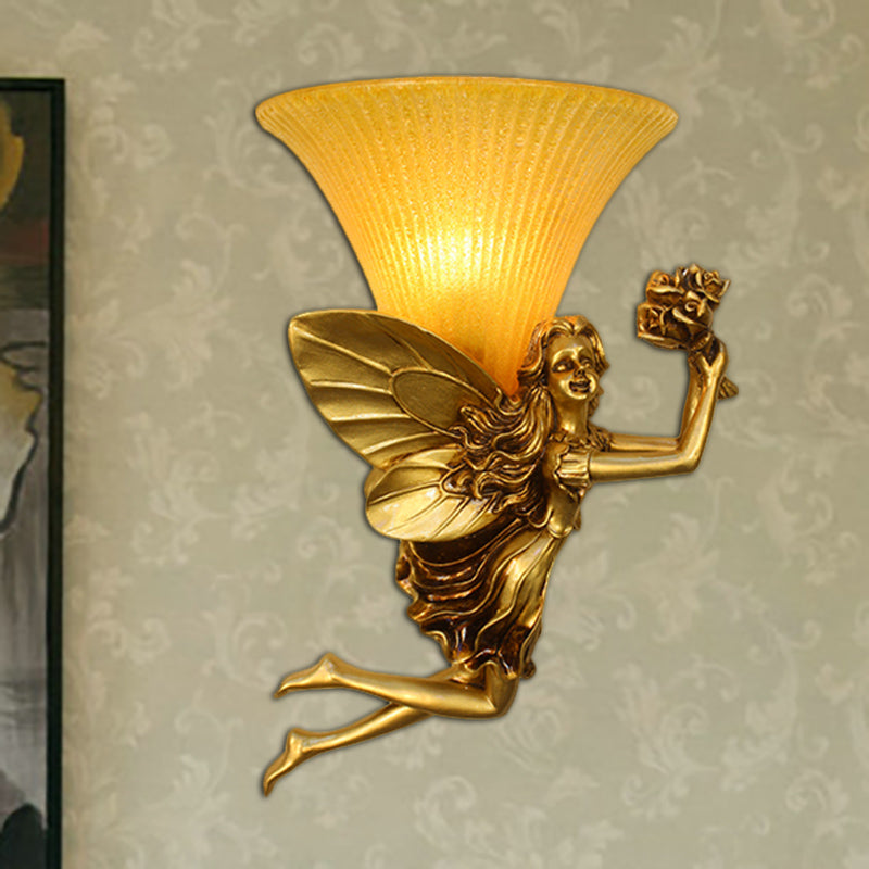 Retro Style Fairy Wall Lighting Fixture 1 Head Resin Blue/Gold Sconce Lamp with Amber Glass Bell Shade