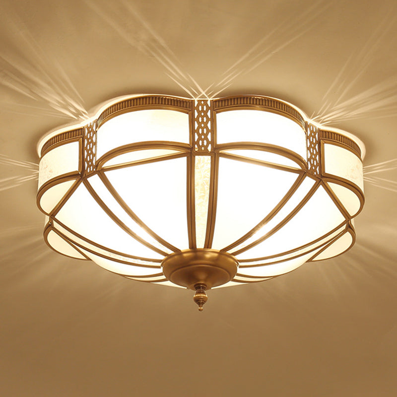 Style Colonial 1 Lumière Plafonnier En Cuivre Abat-Jour En Verre Blanc Plafonnier Chambre Salle À Manger