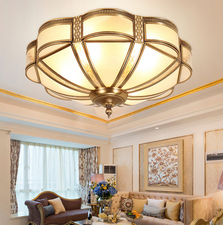 Style Colonial 1 Lumière Plafonnier En Cuivre Abat-Jour En Verre Blanc Plafonnier Chambre Salle À Manger