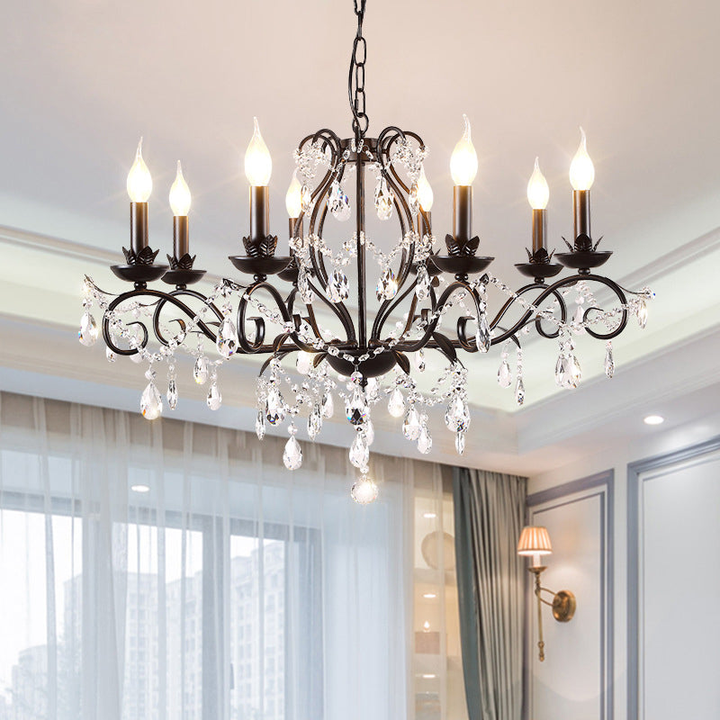 Contemporary Metal Curved Arm Hanging Chandelier Light Black Candle Bedroom Suspension Light with Crystal