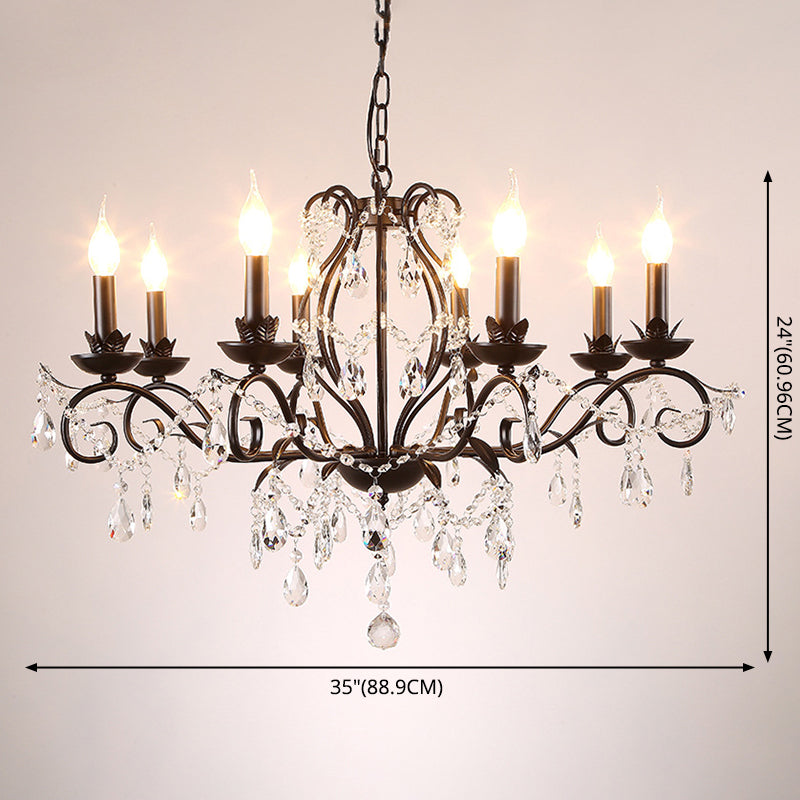Contemporary Metal Curved Arm Hanging Chandelier Light Black Candle Bedroom Suspension Light with Crystal