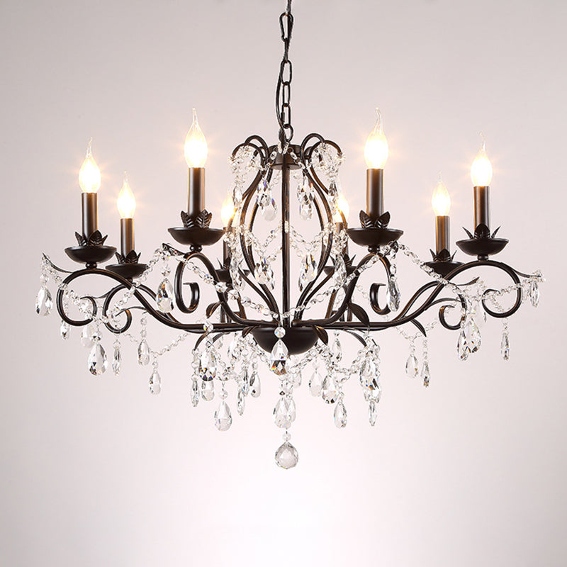 Contemporary Metal Curved Arm Hanging Chandelier Light Black Candle Bedroom Suspension Light with Crystal