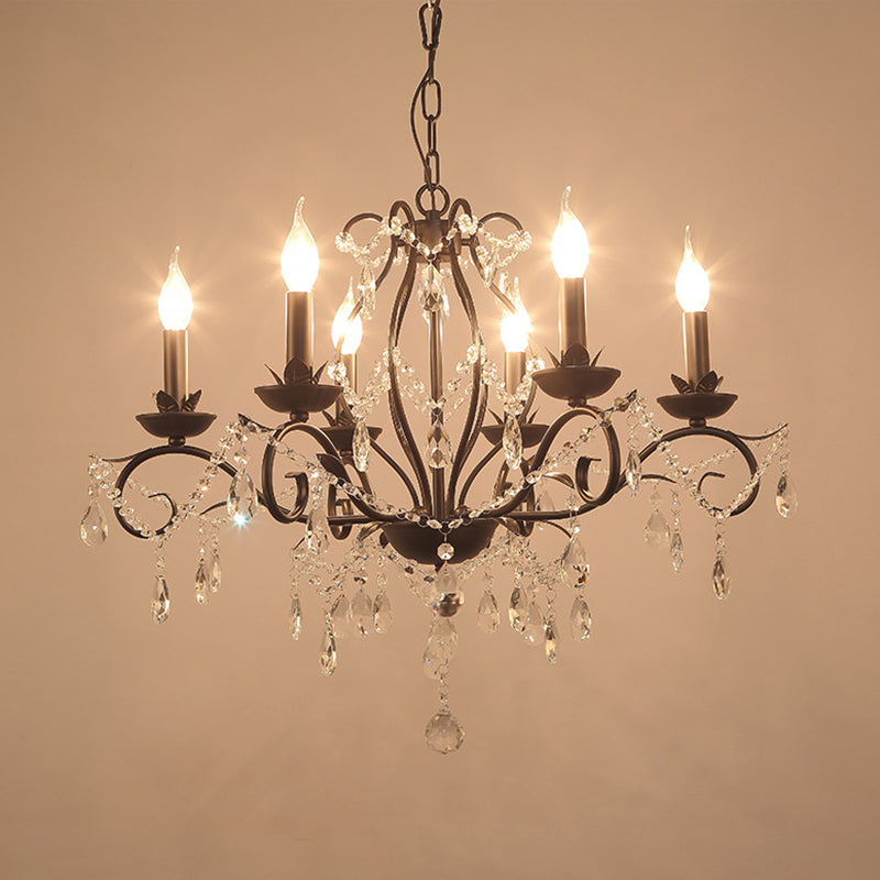 Contemporary Metal Curved Arm Hanging Chandelier Light Black Candle Bedroom Suspension Light with Crystal