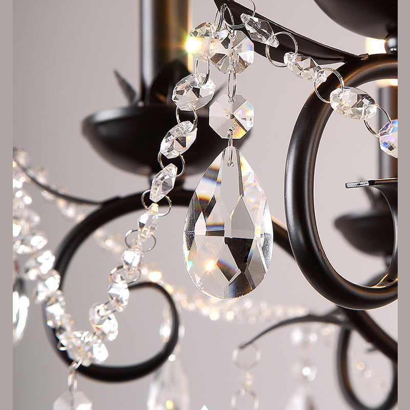 Contemporary Metal Curved Arm Hanging Chandelier Light Black Candle Bedroom Suspension Light with Crystal