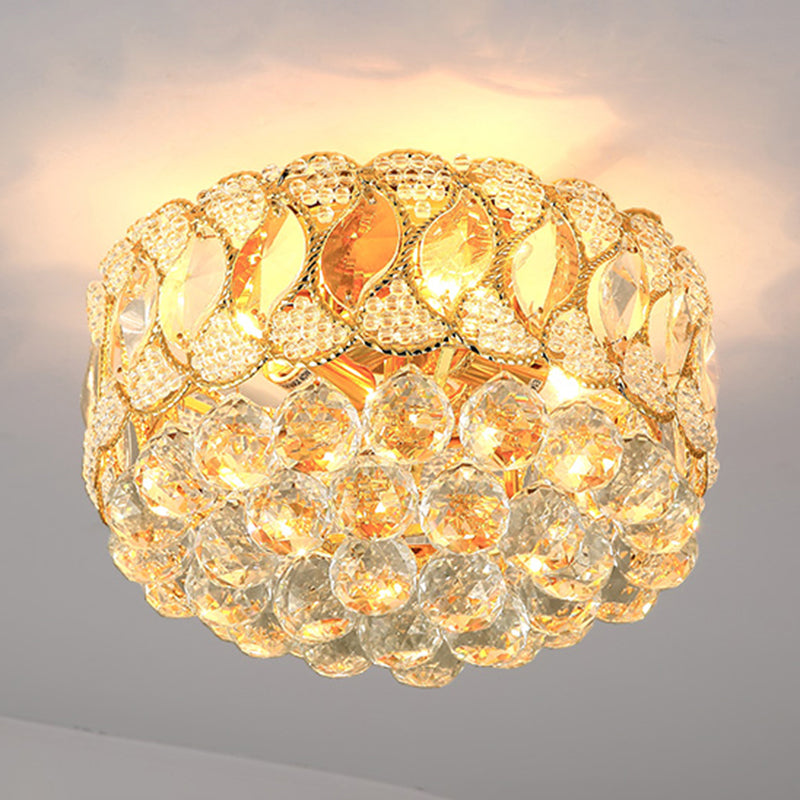 Gold Circular Ceiling Light Contemporary 3 Bulbs Crystal Ball Flush Mount Lamp for Bedroom