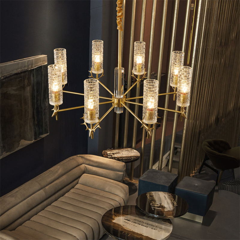 Gold Radial Pendant Light Mid-Century Cylindrical Clear Glass Suspension Light for Living Room