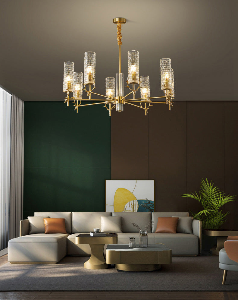 Gold Radial Pendant Light Mid-Century Cylindrical Clear Glass Suspension Light for Living Room