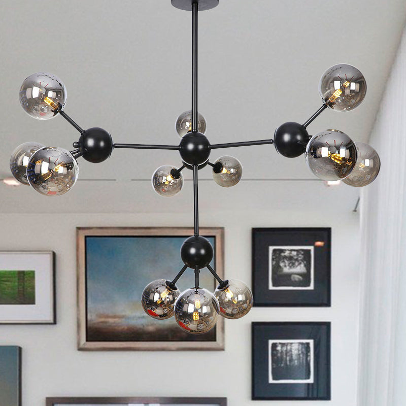 Orb Living Room Chandelier Lamp Amber/Clear/Smoke Gray Glass 3/9/12 Lights Industrial Ceiling Light with Sputnik Design, 13"/27.5"/34" Wide
