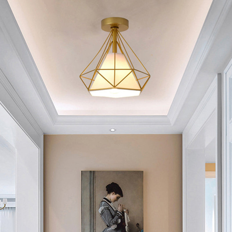 9.8 Inches Wide Nordic Style Mini Ceiling Light Metal Cage + Fabric Shade Flush Mount Lamp for Corridor