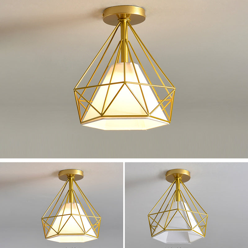 9.8 Inches Wide Nordic Style Mini Ceiling Light Metal Cage + Fabric Shade Flush Mount Lamp for Corridor