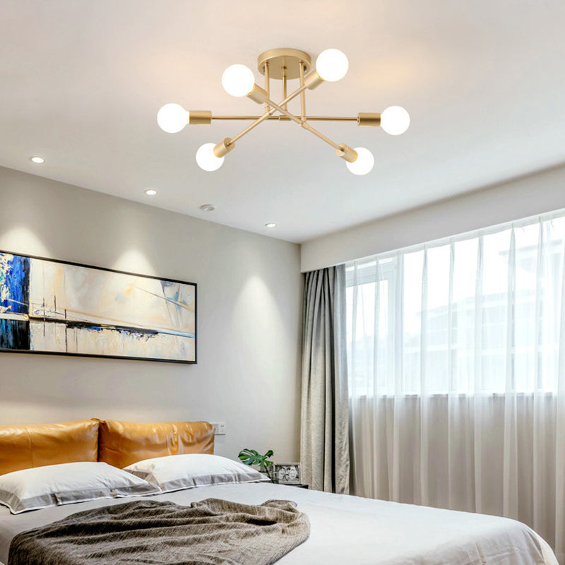 6-Lights Industrial Style Ceiling Lamp Metal Linear Arm Bare Bulb Flush Mount Lighting Fixture for Bedroom Living Room
