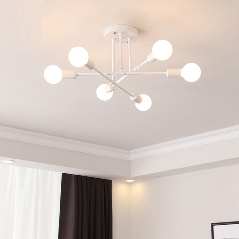 6-Lights Industrial Style Ceiling Lamp Metal Linear Arm Bare Bulb Flush Mount Lighting Fixture for Bedroom Living Room