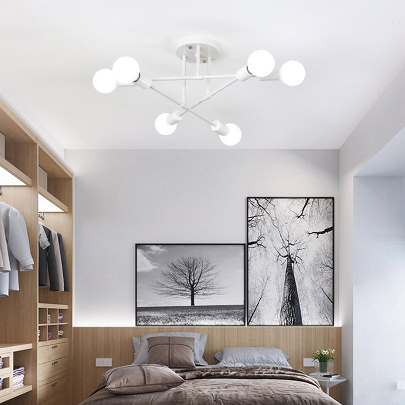 6-Lights Industrial Style Ceiling Lamp Metal Linear Arm Bare Bulb Flush Mount Lighting Fixture for Bedroom Living Room