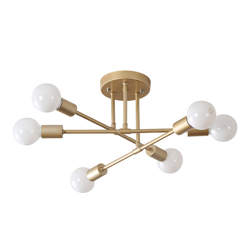 6-Lights Industrial Style Ceiling Lamp Metal Linear Arm Bare Bulb Flush Mount Lighting Fixture for Bedroom Living Room
