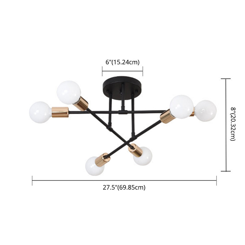 6-Lights Industrial Style Ceiling Lamp Metal Linear Arm Bare Bulb Flush Mount Lighting Fixture for Bedroom Living Room