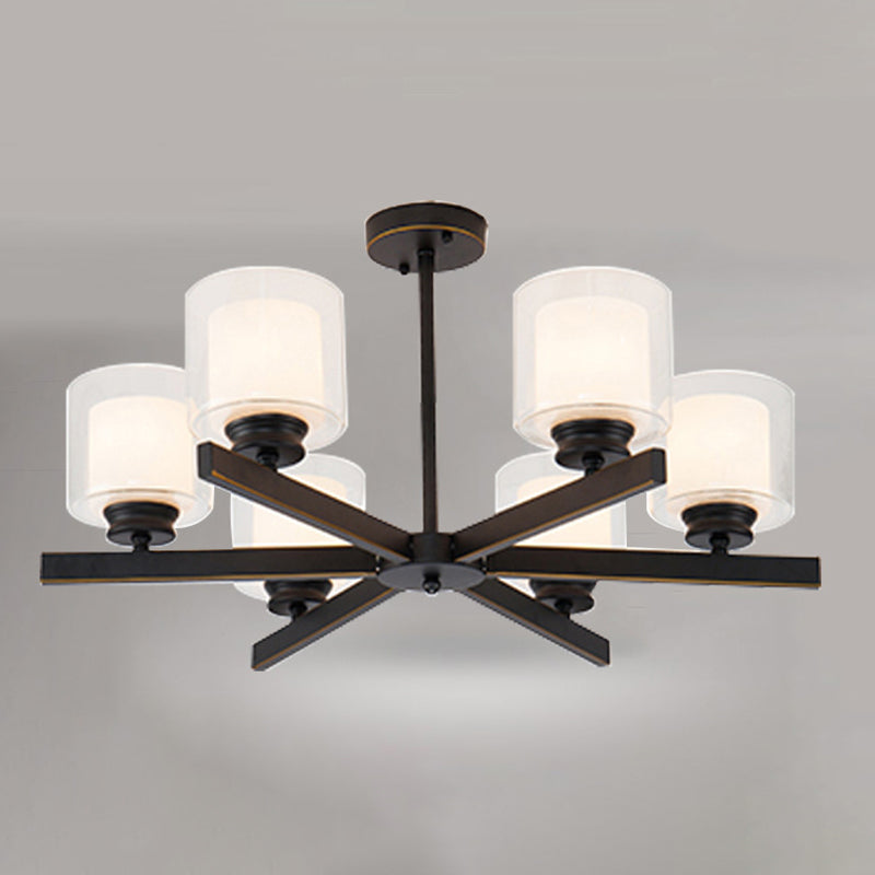 Nordic Style Metal Lighting Chandelier Cylindrical Double-layer Glass Shade Suspension Light for Dining Room