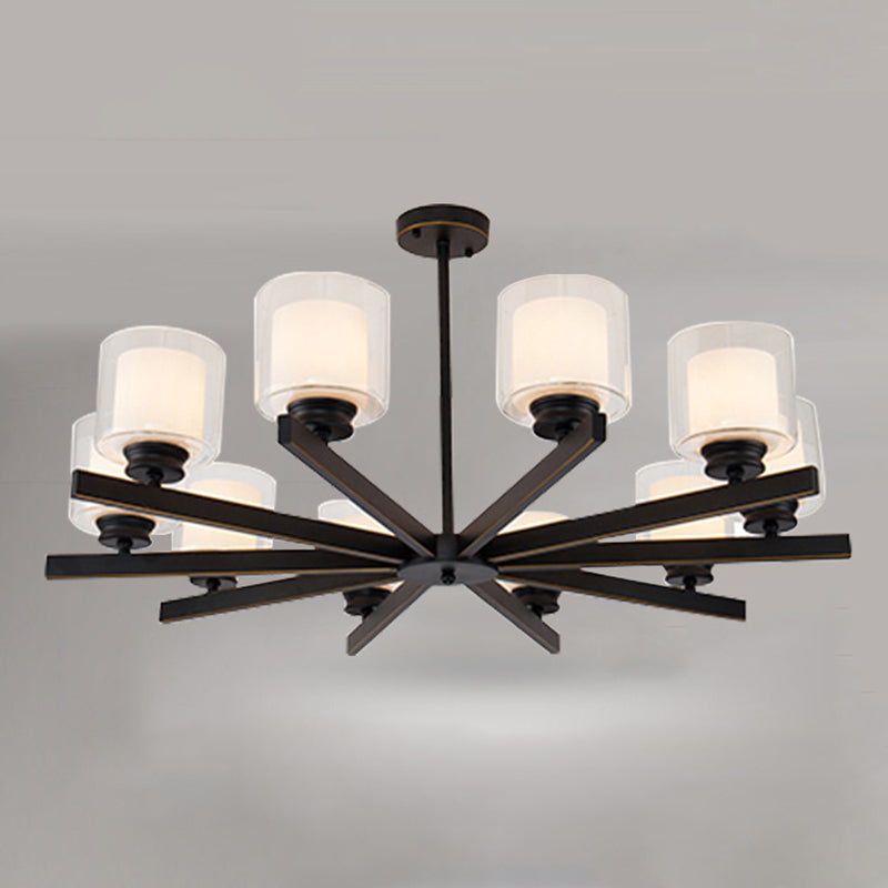 Nordic Style Metal Lighting Chandelier Cylindrical Double-layer Glass Shade Suspension Light for Dining Room