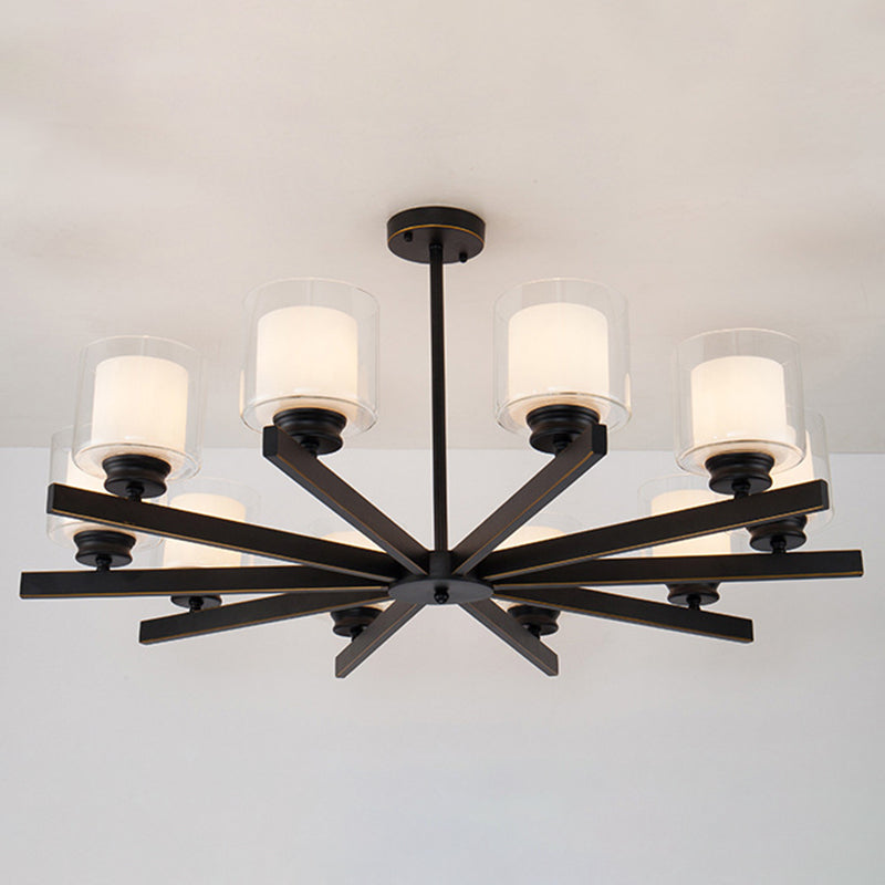 Nordic Style Metal Lighting Chandelier Cylindrical Double-layer Glass Shade Suspension Light for Dining Room