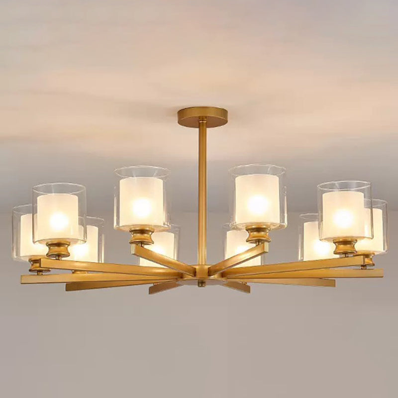 Nordic Style Metal Lighting Chandelier Cylindrical Double-layer Glass Shade Suspension Light for Dining Room