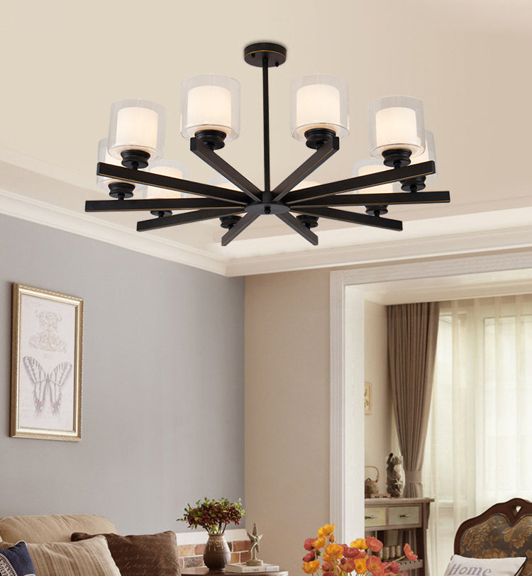 Nordic Style Metal Lighting Chandelier Cylindrical Double-layer Glass Shade Suspension Light for Dining Room