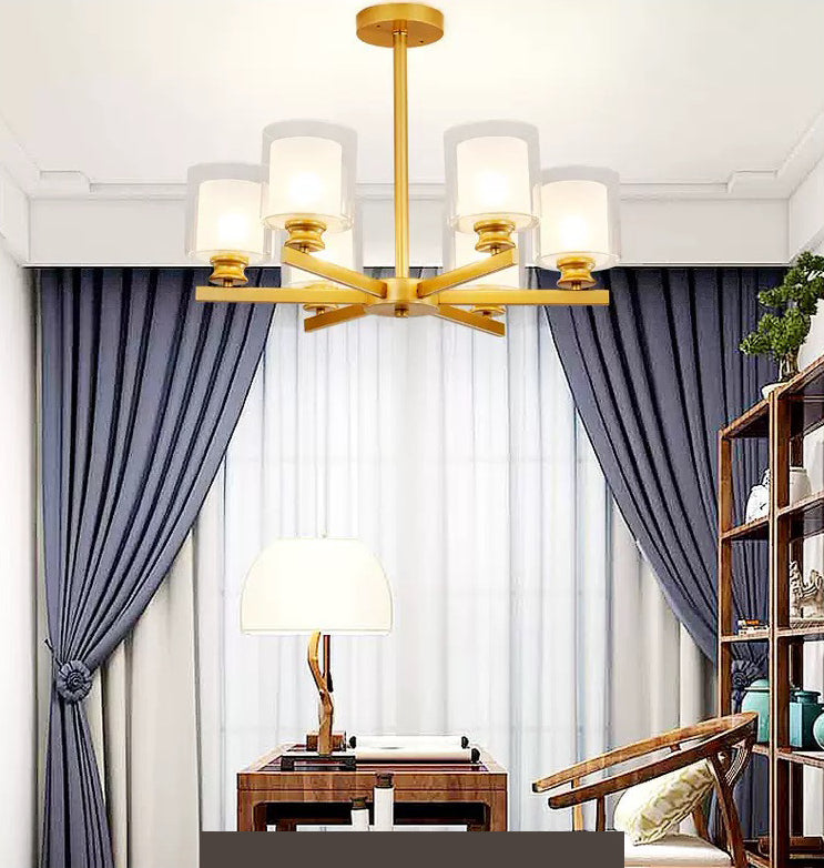 Nordic Style Metal Lighting Chandelier Cylindrical Double-layer Glass Shade Suspension Light for Dining Room