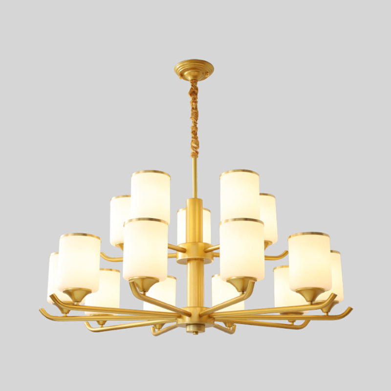 Gold Modern Simplicity Metal Chandelier Cylindrical Frosted Glass Shade Multi-lights Hanging Lamp for Living Room