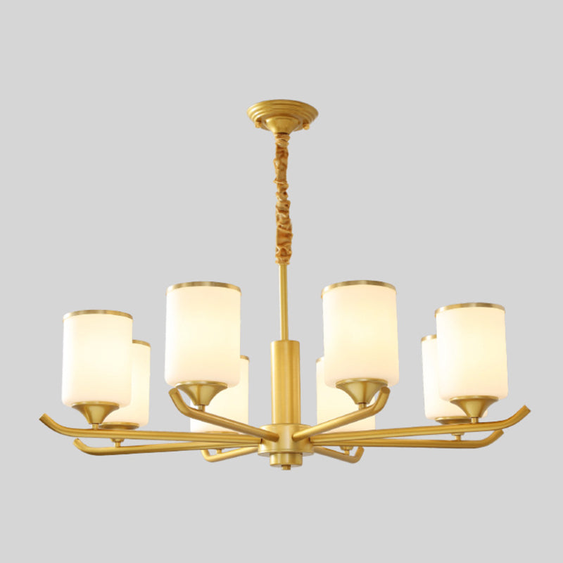 Gold Modern Simplicity Metal Chandelier Cylindrical Frosted Glass Shade Multi-lights Hanging Lamp for Living Room