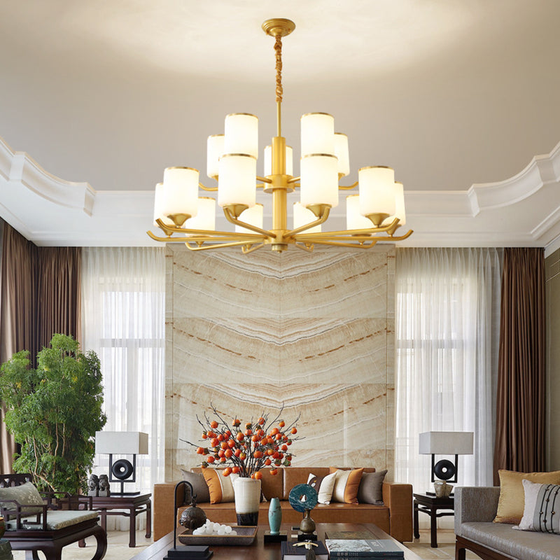 Gold Modern Simplicity Metal Chandelier Cylindrical Frosted Glass Shade Multi-lights Hanging Lamp for Living Room
