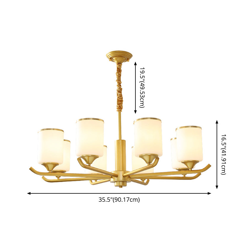 Gold Modern Simplicity Metal Chandelier Cylindrical Frosted Glass Shade Multi-lights Hanging Lamp for Living Room