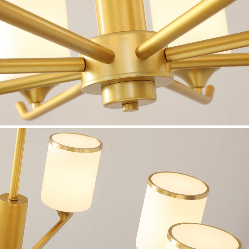 Gold Modern Simplicity Metal Chandelier Cylindrical Frosted Glass Shade Multi-lights Hanging Lamp for Living Room